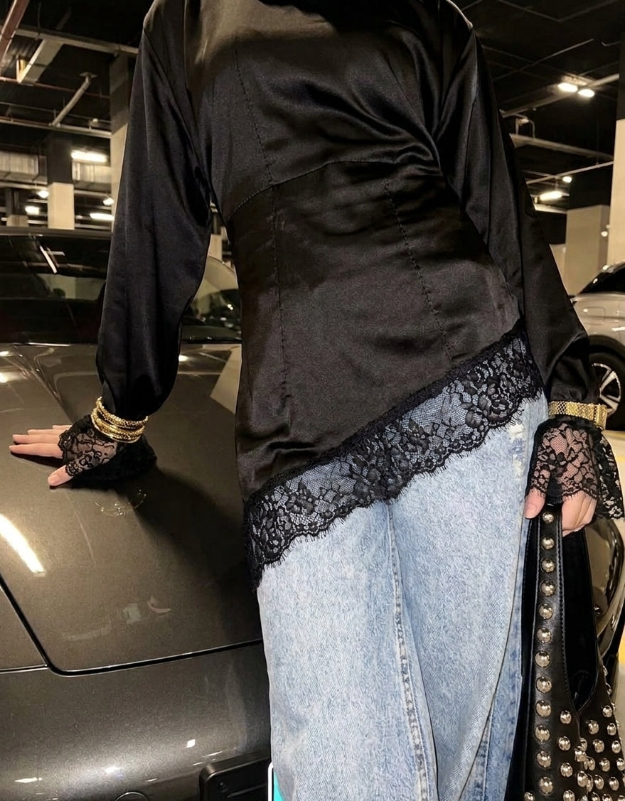 Asymmetrical Satin Blouse with Lace Trim